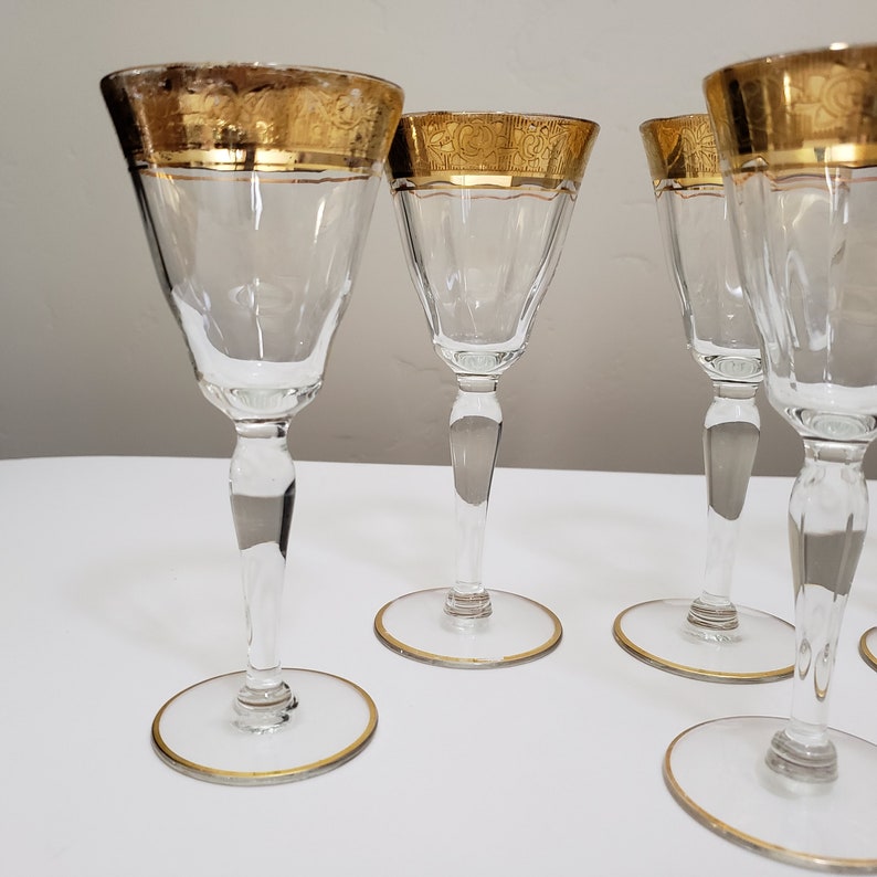 Tiffin Gold Encrusted Rambler Rose Crystal Wine Glasses Set Etsy