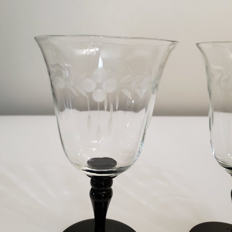 Crystal Wine Glasses With Black Stems and Floral Cut Pattern Etsy