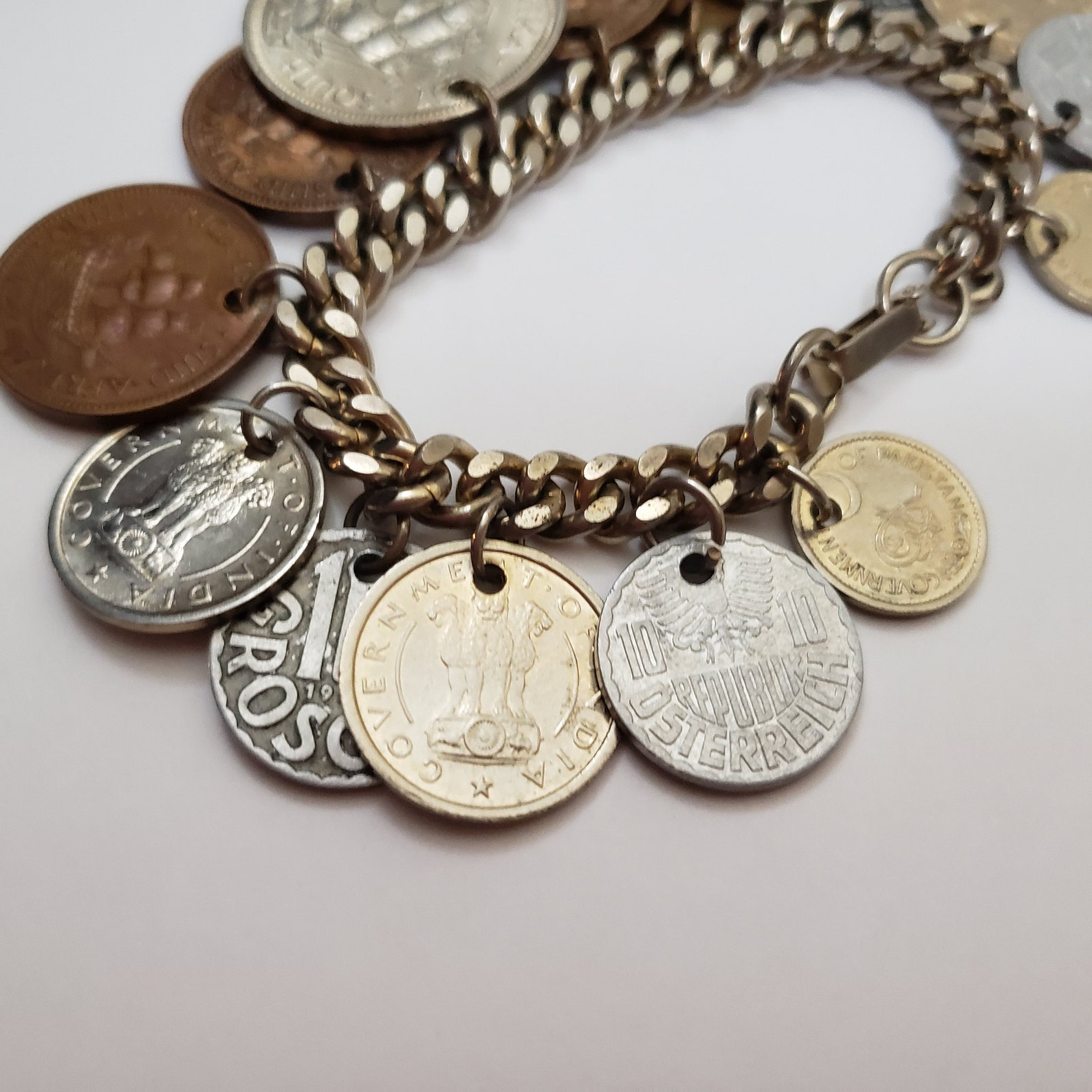 Silver Tone Coin Charm Bracelet with Foreign Coins from | Etsy