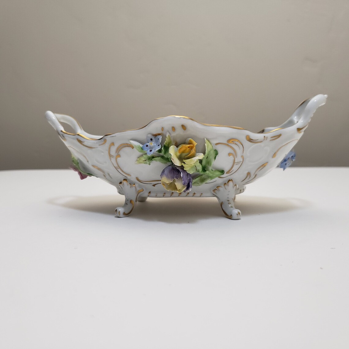 Ornate Footed Dresden Two Handled Basket With Applied Flowers Etsy