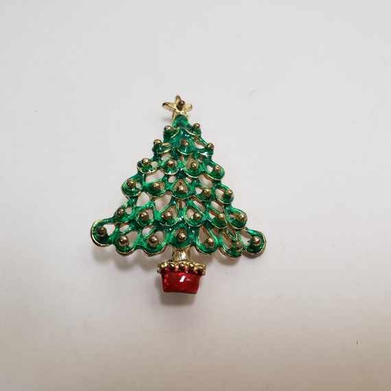 Green and Red Enamel Christmas Tree Brooch - image 1