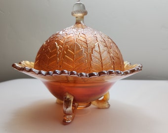 Fenton Marigold Carnival Glass Footed Covered Butter Dish