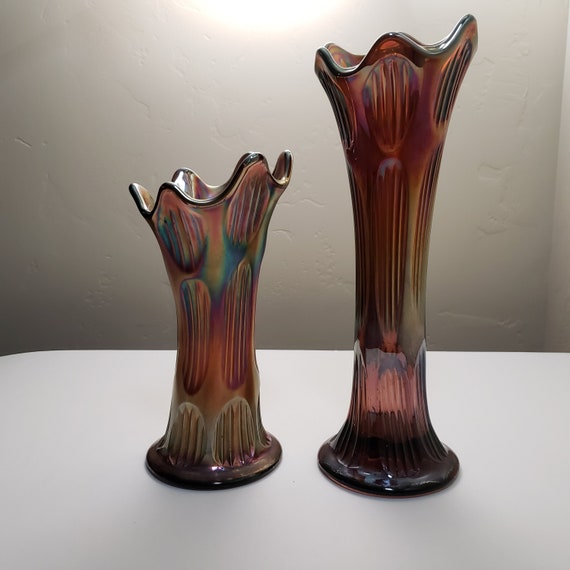 FENTONフェントンカー二バルアンティークUSA carnival  vase Fenton Diamond and Rib Amethyst Carnival Glass Vases - Sold