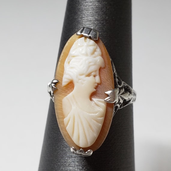 Vintage Ring 18k White Gold Plated White on Coral Cameo Ring Genuine  Marcasite - Providence Vintage Jewelry