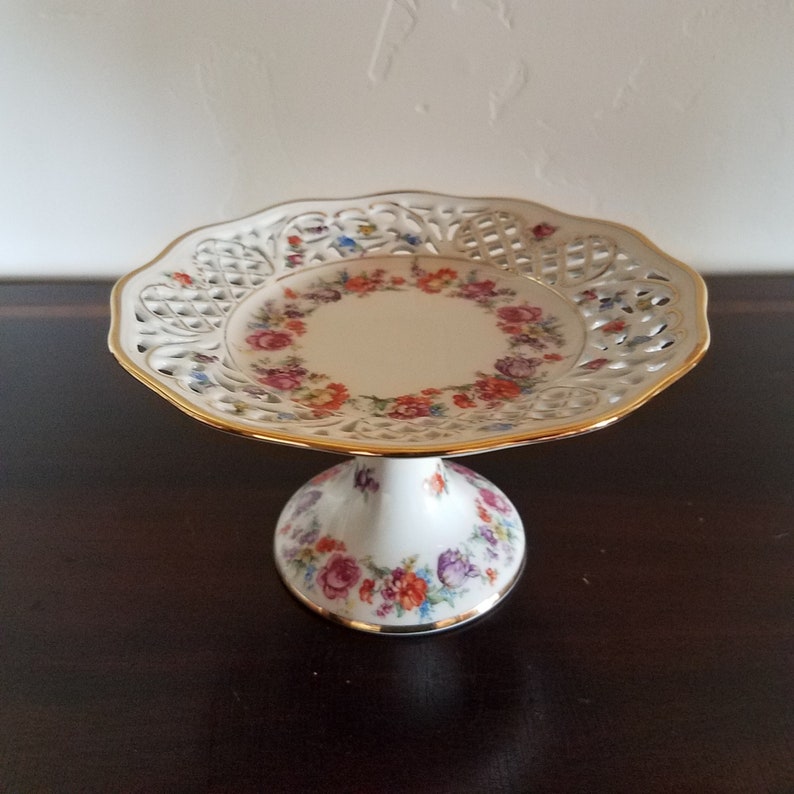 6 38\u201d Wide Schumann Reticulated Compote with Pink Flowers