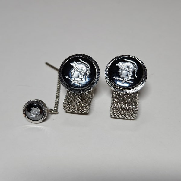 Reverse Cameo Roman Soldier Mesh Cuff Links with Matching Tie Tack