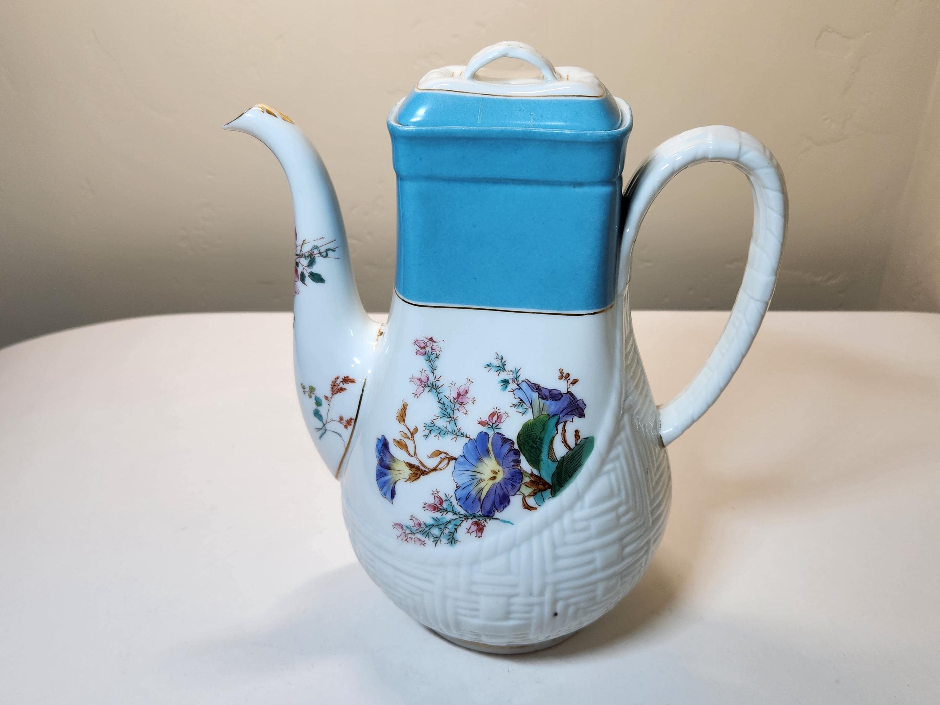 Rare Haviland Limoges Coffee Pot With Blue Neck and Ornate Floral