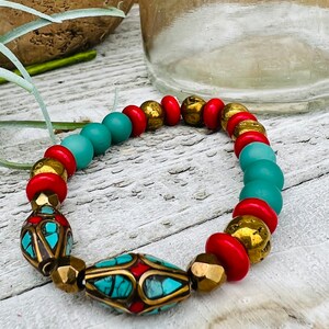 Tibetan turquoise and coral inlay brass bead bracelet, jewelry, handmade gifts, gifts for her, gifts, yogi jewelry, Buddhist inspired