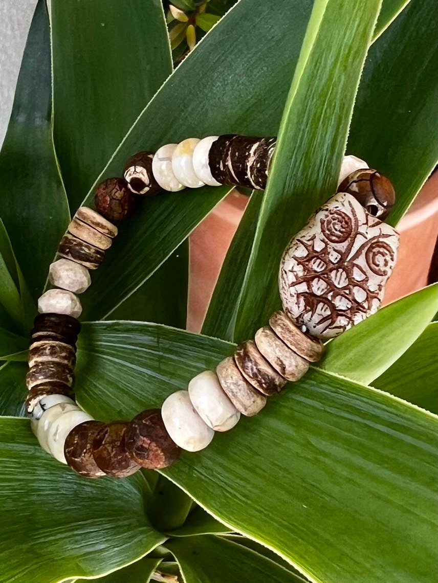 Handmade Owl Bracelet: Ethiopian Opal, Cedar & Coconut Bead Jewelry