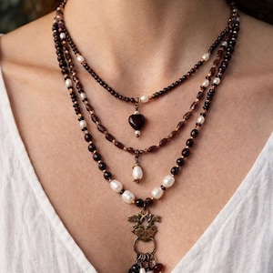 Garnet Statement Necklace Multi Strand Pearl Necklace Handmade Boho Layered Necklace OOAK Artisan Jewelry Gift for Her