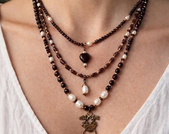 Garnet Statement Necklace Multi Strand Pearl Necklace Handmade Boho Layered Necklace OOAK Artisan Jewelry Gift for Her