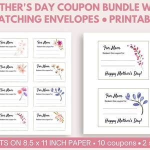 Cupons para impressão do Dia das Mães, dois tamanhos, presente de última hora, envelopes, presente para a mãe, presente para a mãe, presente personalizado, flores em aquarela