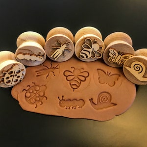 Wooden Garden Bug Stampers|| Set of 6 Playdough Stamps|| Sustainably Sourced Wood|| Bee, Caterpillar, Snail, Ladybug, Grasshopper, Butterfly