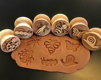 Wooden Garden Bug Stampers|| Set of 6 Playdough Stamps|| Sustainably Sourced Wood|| Bee, Caterpillar, Snail, Ladybug, Grasshopper, Butterfly