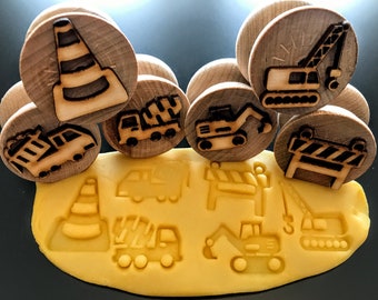 Wooden Construction Stampers|| Set of 6 Playdough Stamps||Sustainably Sourced Wood|| Digger/Excavator, Dump Truck, Cement Mixer, Crane, Cone