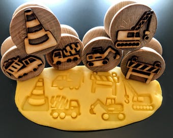 Wooden Construction Stampers|| Set of 6 Playdough Stamps||Sustainably Sourced Wood|| Digger/Excavator, Dump Truck, Cement Mixer, Crane, Cone