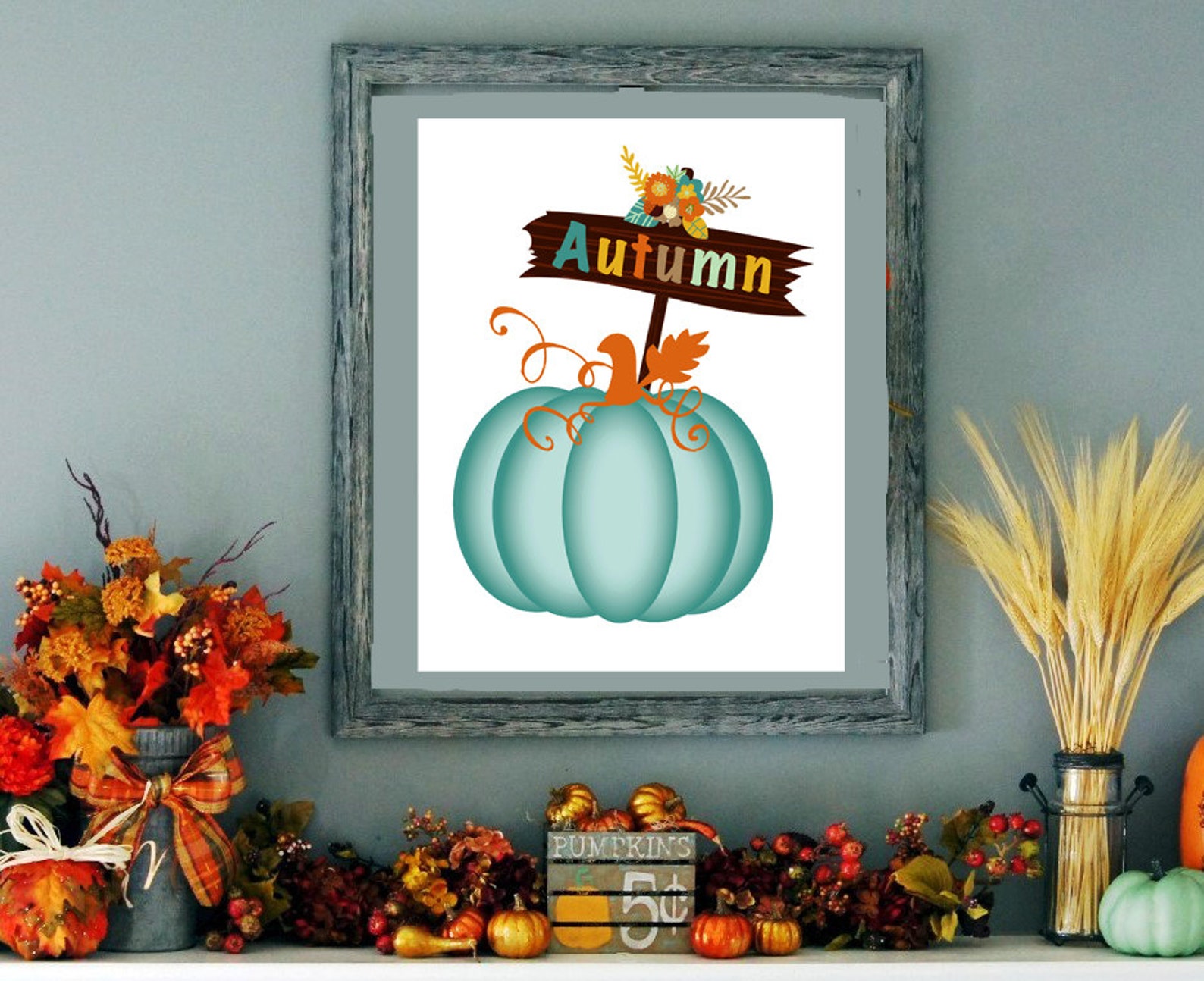 Autumn Decor Teal Pumpkin Autumn Print Blue Pumpkin Wall Etsy