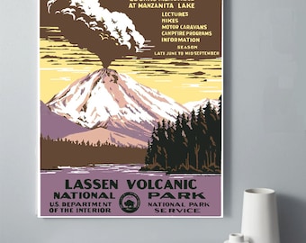 WPA Poster  ART DECO 1930s, Lassen Volcanic National Park, Travel, Vintage American Landscape, National Park Poster, Volcano Art, Wall Decor