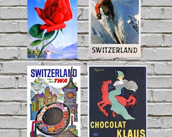 Swiss Travel Posters Set of 4 Vintage Full Size Posters. Switzerland Decor, Swiss Chocolate Poster, Cabin Decor, Swiss Alps Wall Art, Retro