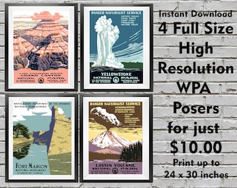 WPA Posters, Yellowstone, Grand Canyon, Lassen, Fort Marion, National Parks Printable Posters, Travel Posters, Vintage American Landscapes