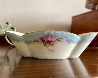 Vintage Limoges Haviland Hand Painted Porcelain Bowl, Pink Violet Floral Gold Rim, Scalloped Nut Dish, Signed Byfield’s, France c1900s