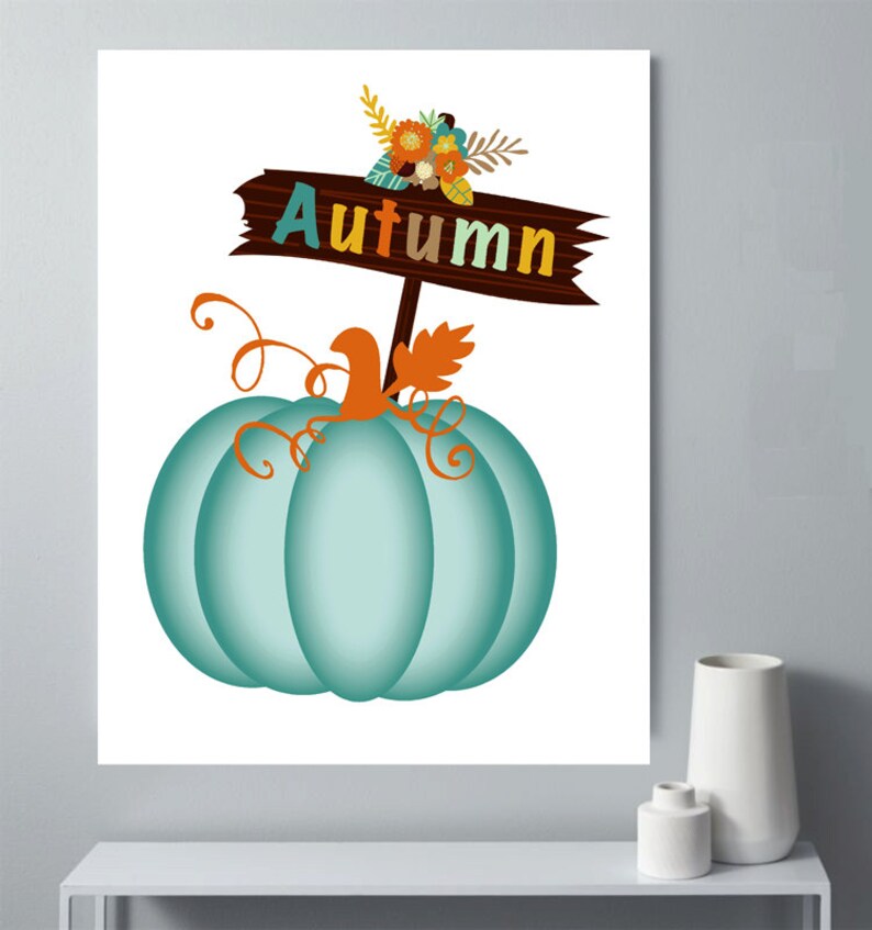 Autumn Decor Teal Pumpkin Autumn Print Blue Pumpkin Wall Etsy