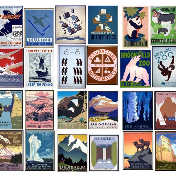 WPA Posters Collection, 6 Collage Sheets with 24 Vintage Posters, Travel, National Parks, Aviation, and Zoo Themes