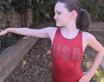 Gymnastics Leotard Red USA Leo Girls Birthday Gift Gymnast Practice Outfit Competition Dance Toddler Sizes