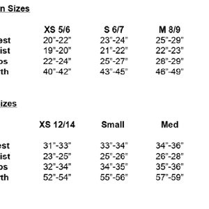 May include: A size chart with measurements for children and adults. The chart includes chest, waist, hips, and girth measurements in inches for various sizes, from XS to Large. The text "Children Sizes" and "Adult Sizes" are at the top.