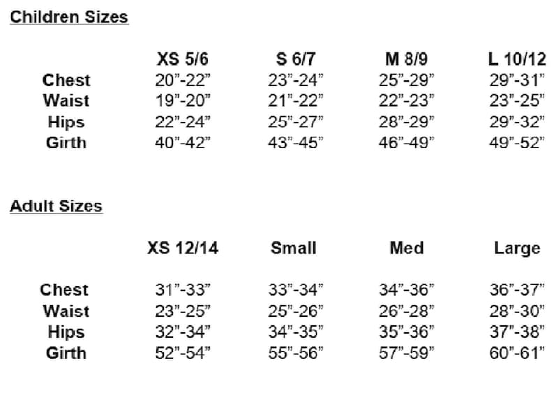 May include: A size chart with measurements for children and adults. The chart includes chest, waist, hips, and girth measurements in inches for various sizes, from XS to Large. The text "Children Sizes" and "Adult Sizes" are at the top.