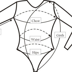 May include: Line drawing of a garment with measurement labels. The labels include "Sleeve", "Chest", "Waist", "Hips", and "Girth". Dashed lines indicate measurement points. The garment outline is black.