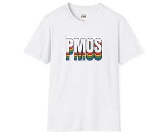 Camiseta retro con texto arcoíris del orgullo del SOP / Camiseta con tipografía a rayas PMOS para mujer / Camiseta de regalo para concienciar sobre el SOP