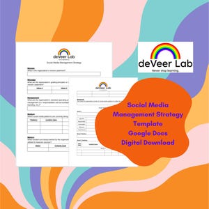 May include: A digital download graphic with the text "Social Media Management Strategy Template Google Docs." The image includes a rainbow logo and the words "deVeer Lab" and "Never stop learning."