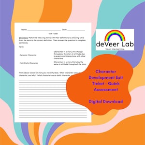 May include: A digital worksheet for character development assessment, featuring definitions of dynamic and static characters. The document includes space for student answers and is branded with the deVeer Lab logo, which includes a rainbow.