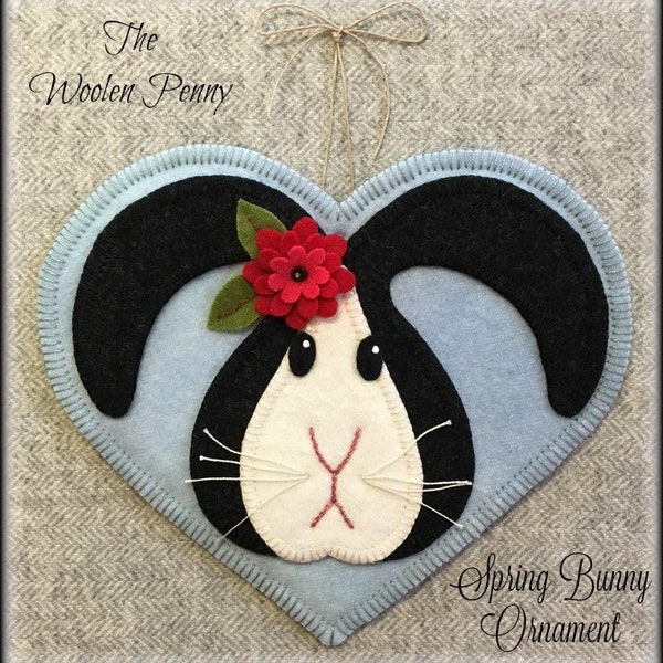 Spring Bunny Hanging Heart Ornament Wool Applique Pattern E-Pattern