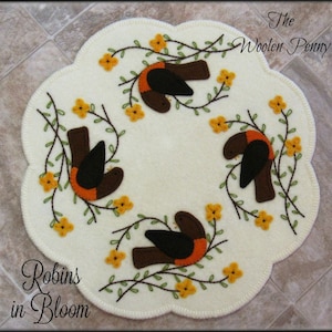 Robins in Bloom Penny Rug Candle Mat Wool Applique PDF PATTERN