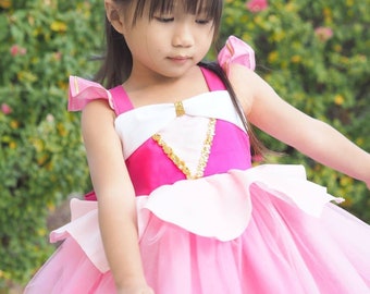 Hecho a mano para pedir bella durmiente princesa vestido de tul fiesta de cumpleaños disfraz de Halloween rosa / vestido de aurora / vestido de niño / vestido de niña