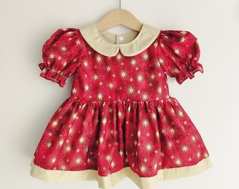 Handmade Christmas toddler girl red gold birthday festive dress