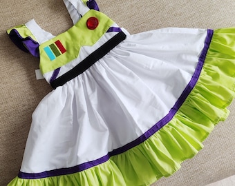 Space Ranger Twirl Dress | Lime Green Purple Character Outfit, Handmade Birthday Apparel