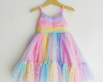 Handmade Rainbow sparkles tulle birthday girl toddler dress ruffle dress recital outfit princess dressup