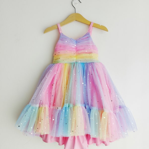 Handmade Rainbow sparkles tulle birthday girl toddler dress ruffle dress recital outfit princess dressup