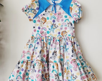 Cartoon Dog Girls Twirl Dress | Handmade Cotton Birthday Outfit