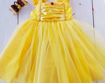 Handmade zu bestellen Belle Prinzessin Tüll Kleid Geburtstags-Party Halloween-Kostüm Schönheit und das Biest Gold gelb Disneyland (Bogen nicht enthalten)