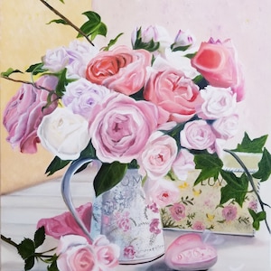 Romantic Heart & Roses Oil Painting– Shabby Chic Floral Wall Art – Vintage-Inspired Original Artwork for Bedroom or Gift- 20x24 Original Art