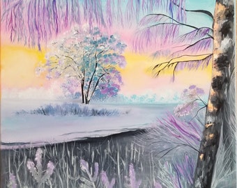 冬の風景 キャンバスに油絵、雪の森、雪の絵、冬のアートワーク