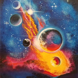 Light of Far Stars Oil Painting 24x36 | Cosmic Fantasy Art | Space Planets Constellations Wall Art | Night Sky Galaxy Decor | Eco Shipping