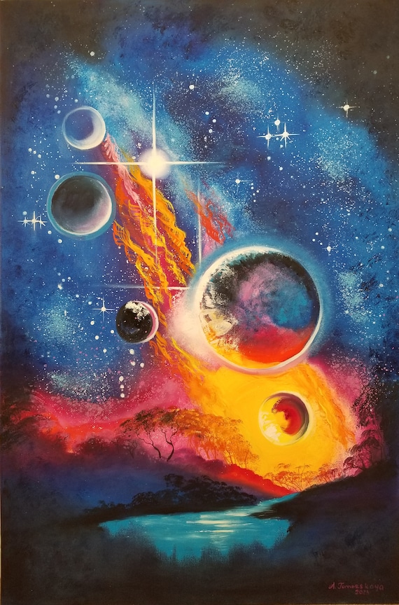 遠くの星の光 油絵 24x36 | 宇宙ファンタジーアート | 宇宙惑星星座