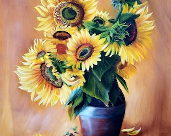 Sunflower Oil Painting | Rustic Clay Pot, Original Floral Artwork