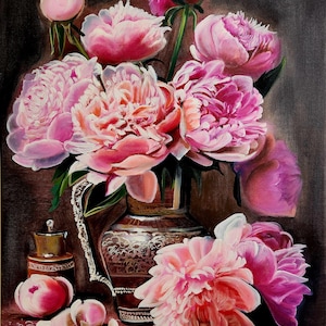 Pink Peonies in Antique Vase | 20x28&quot; Original Oil Painting on Canvas| Romantic Floral Still Life Art | Shabby Chic Home Decor| Gift for Her