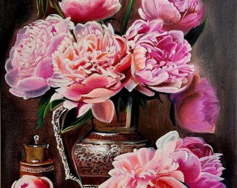 Oljemålning med rosa pioner | Vintage blommig stillebenkonst